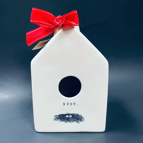 NWT Rae Dunn Rare Stamped Nest HTF Ceramic White Birdhouse Style 150 Red Ribbon - Picture 3 of 10